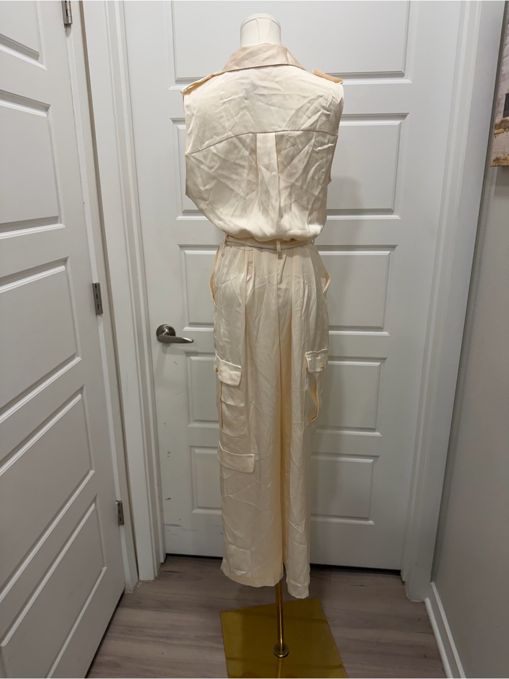 Zara Sleeveless Satin Cream Utility Jumpsuit with Belt NWT - Picture 4 of 9
